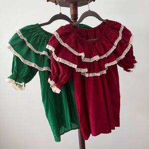 ✨ Vintage Circle Eight Square Dance Blouse Lot 2 Red & Green Ruffle Tops S ✨